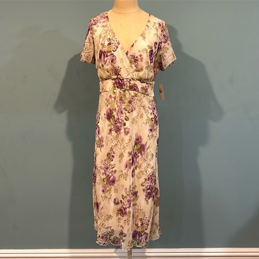 NEW JM Studio Chiffon Purple Floral Dress size 12 Flutter Sleeve Vintage Fairy